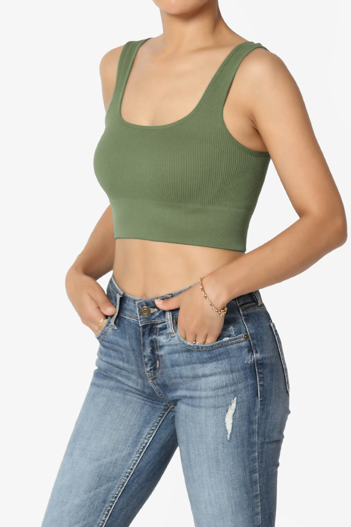 Load image into Gallery viewer, Hilde Ripped Seamless Square Neck Crop Tank Top DUSTY OLIVE_3

