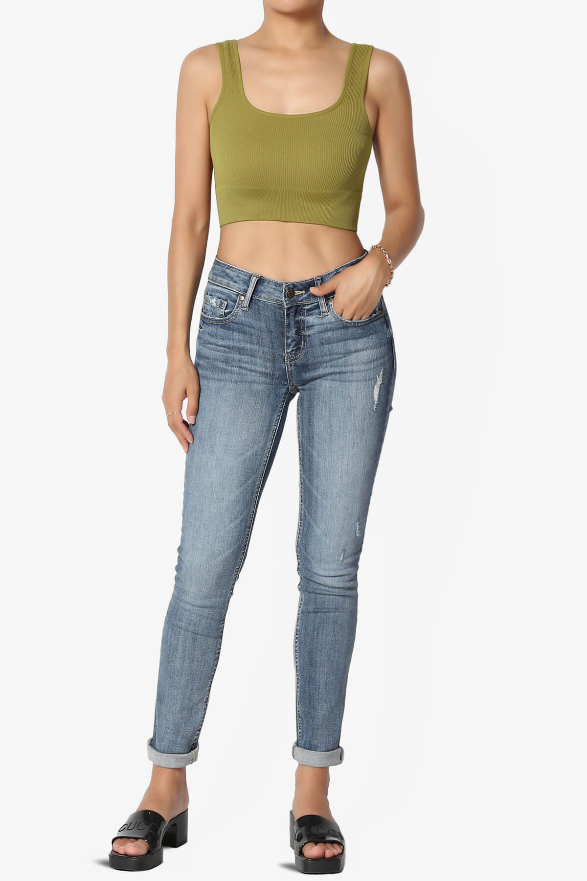 Hilde Ripped Seamless Square Neck Crop Tank Top OLIVE MUSTARD_6