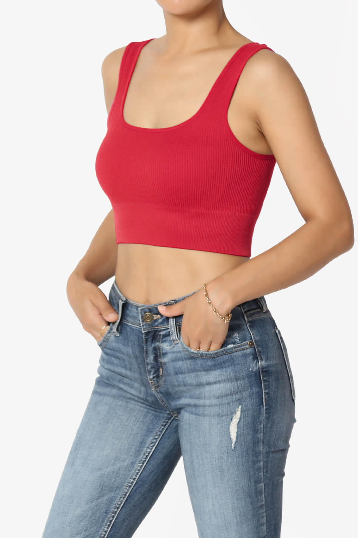Hilde Ripped Seamless Square Neck Crop Tank Top RED_3