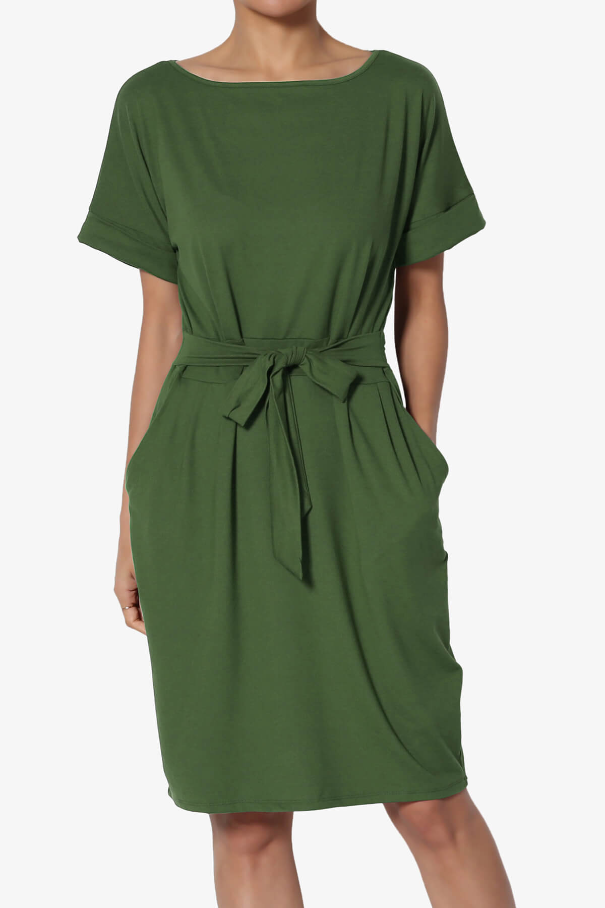 Load image into Gallery viewer, Pennie Tie Waist DTY Jersey Dress ARMY GREEN_1
