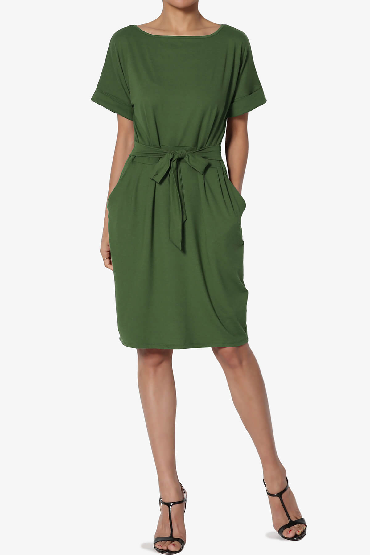 Load image into Gallery viewer, Pennie Tie Waist DTY Jersey Dress ARMY GREEN_6
