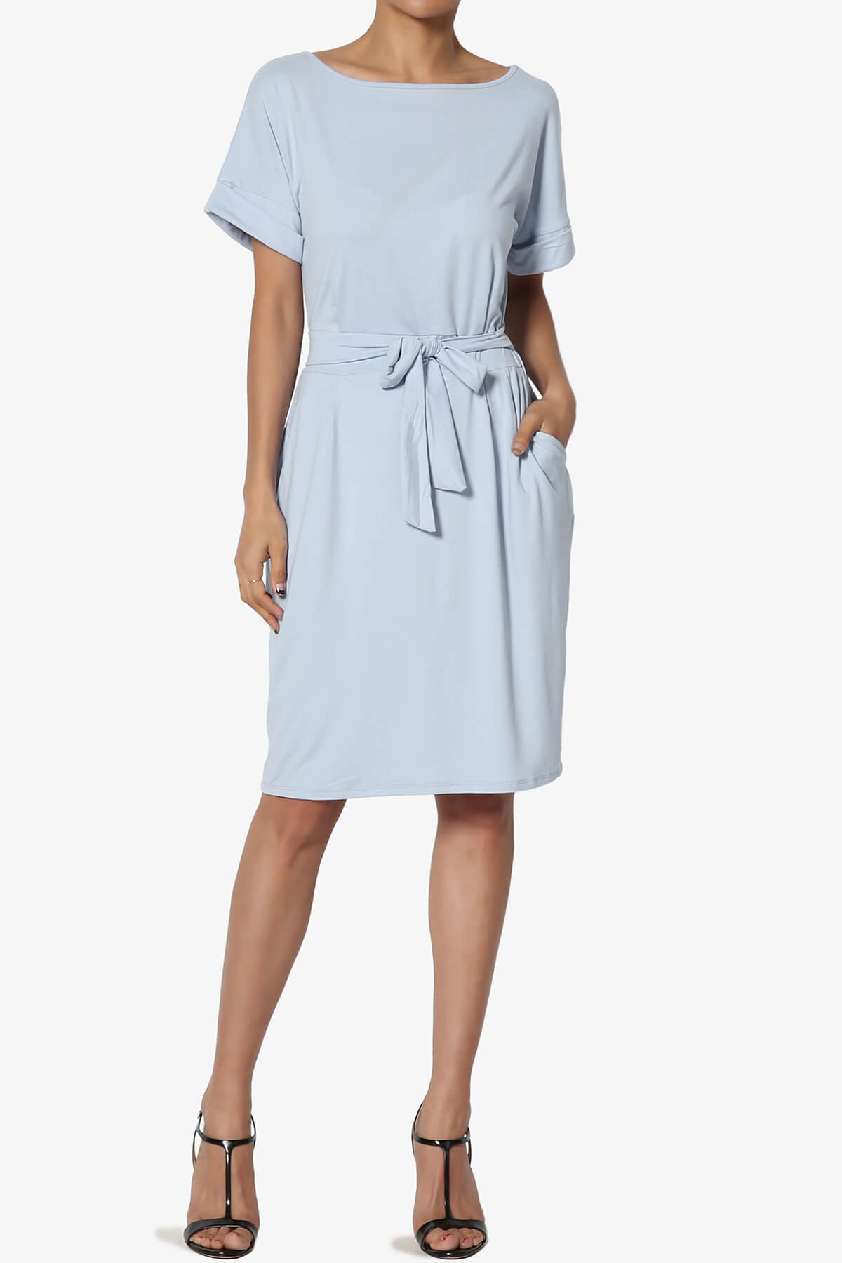 Load image into Gallery viewer, Pennie Tie Waist DTY Jersey Dress ASH BLUE_6

