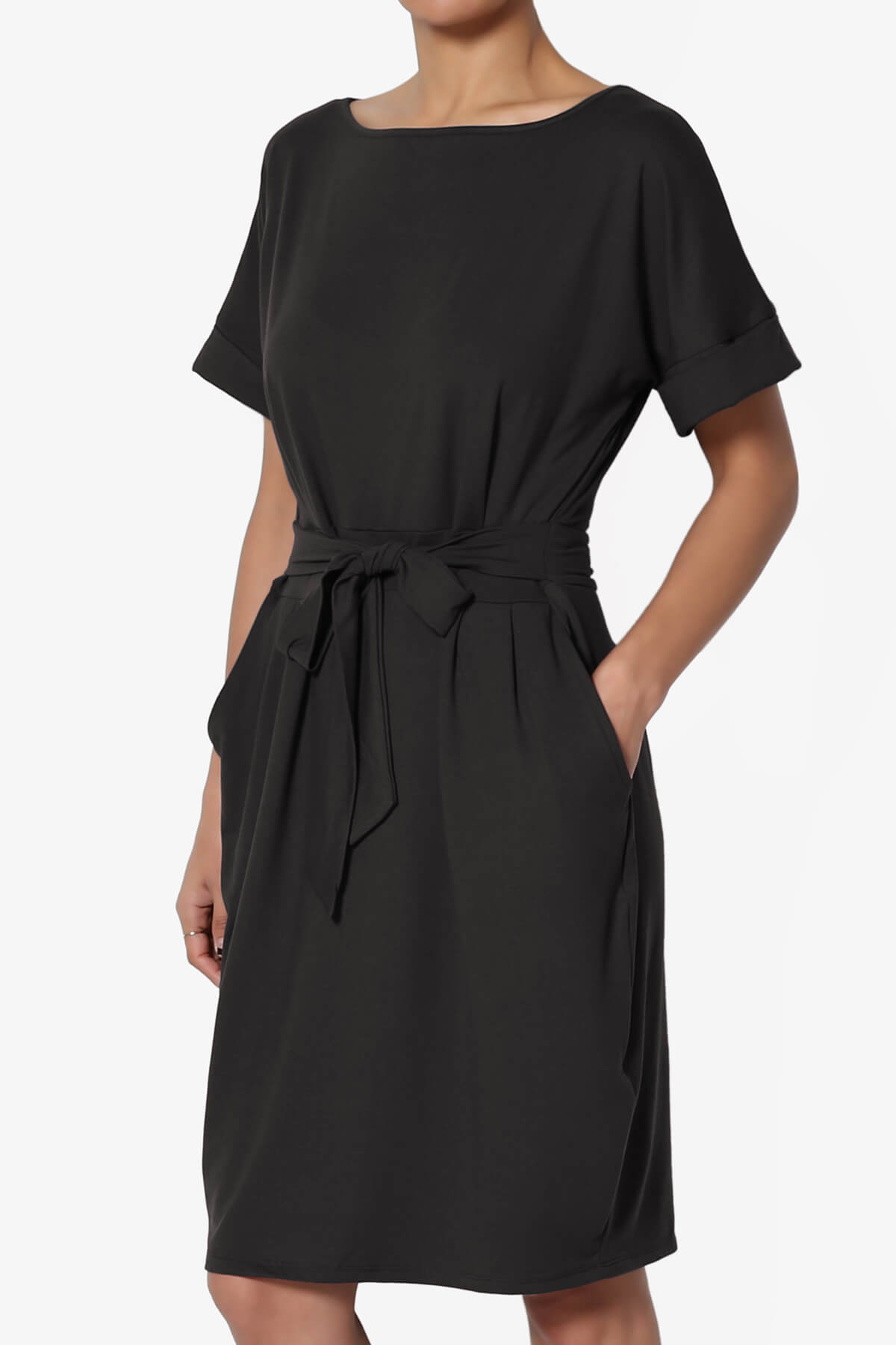 Load image into Gallery viewer, Pennie Tie Waist DTY Jersey Dress BLACK_3
