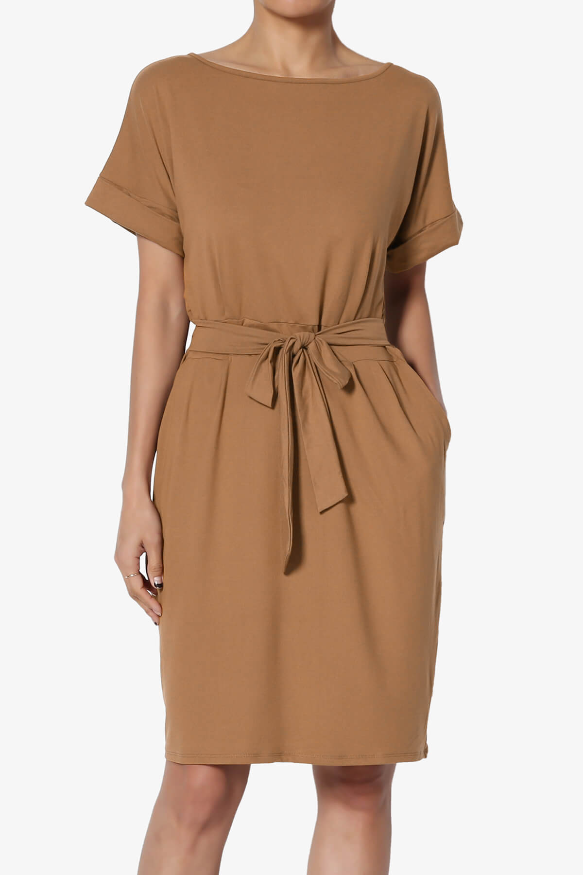 Pennie Tie Waist DTY Jersey Dress DEEP CAMEL_1