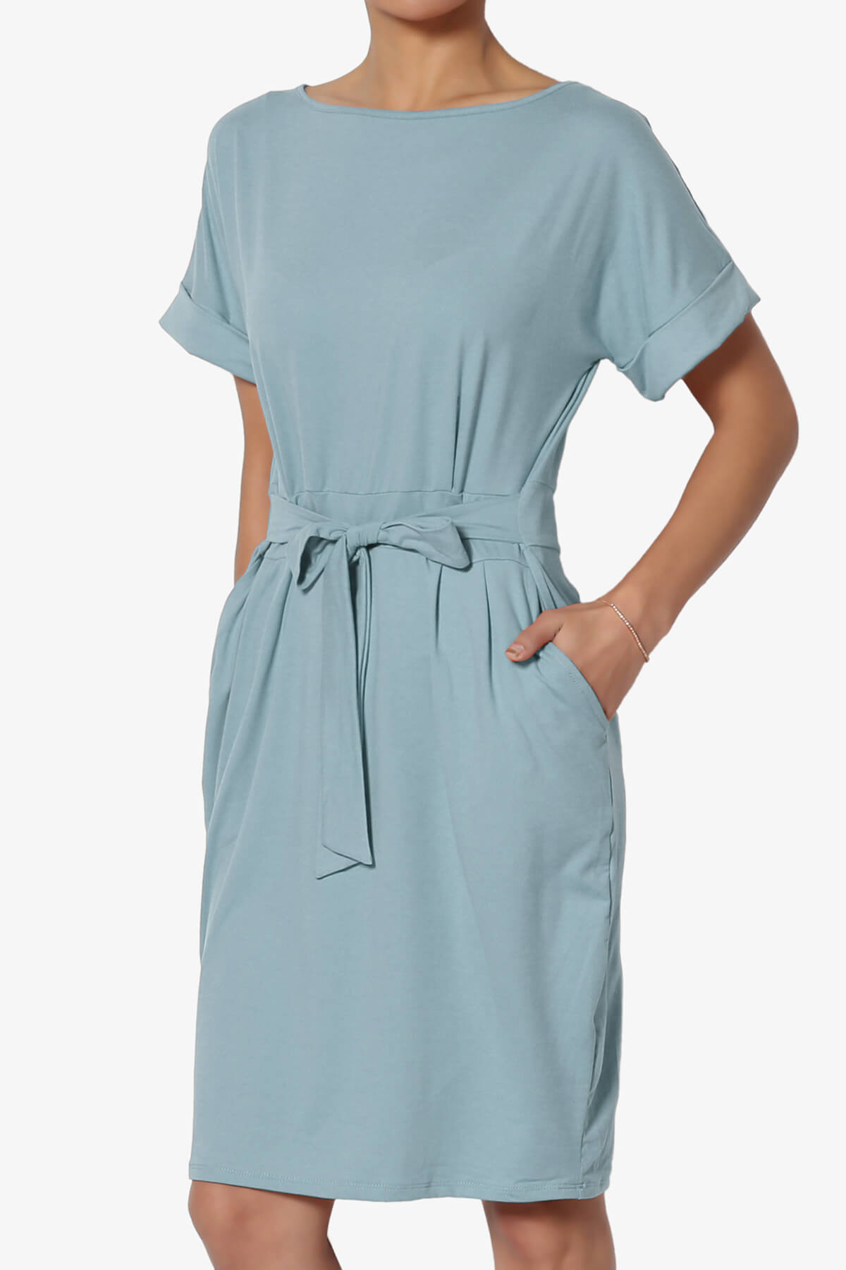 Pennie Tie Waist DTY Jersey Dress DUSTY BLUE_3