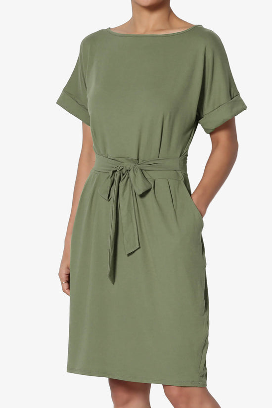 Pennie Tie Waist DTY Jersey Dress DUSTY OLIVE_3