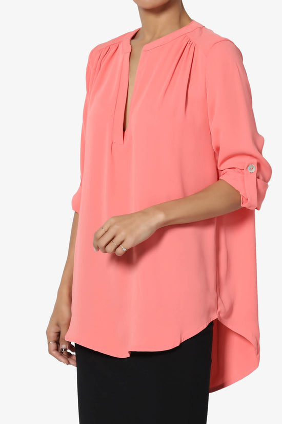 Load image into Gallery viewer, Alia Shirred Split Neck Blouse CORAL_3
