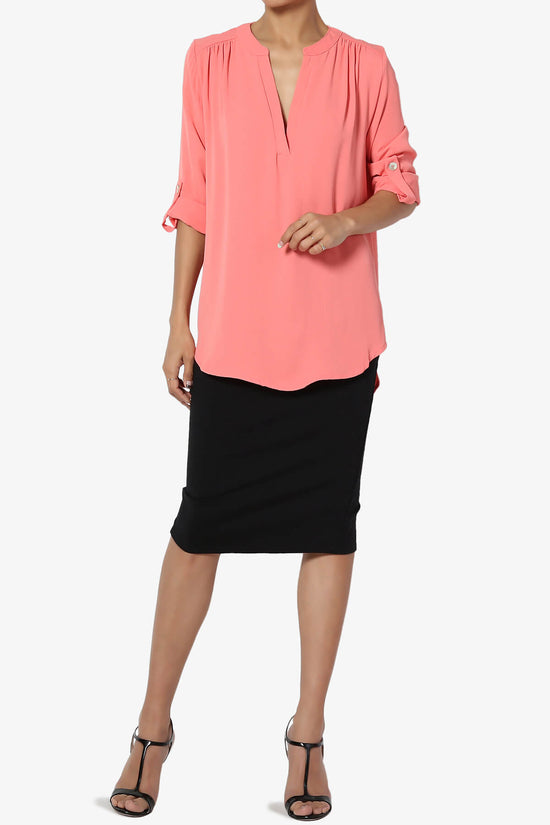 Load image into Gallery viewer, Alia Shirred Split Neck Blouse CORAL_6
