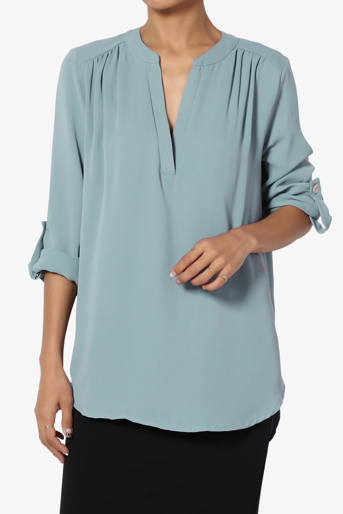 Load image into Gallery viewer, Alia Shirred Split Neck Blouse DUSTY BLUE_1
