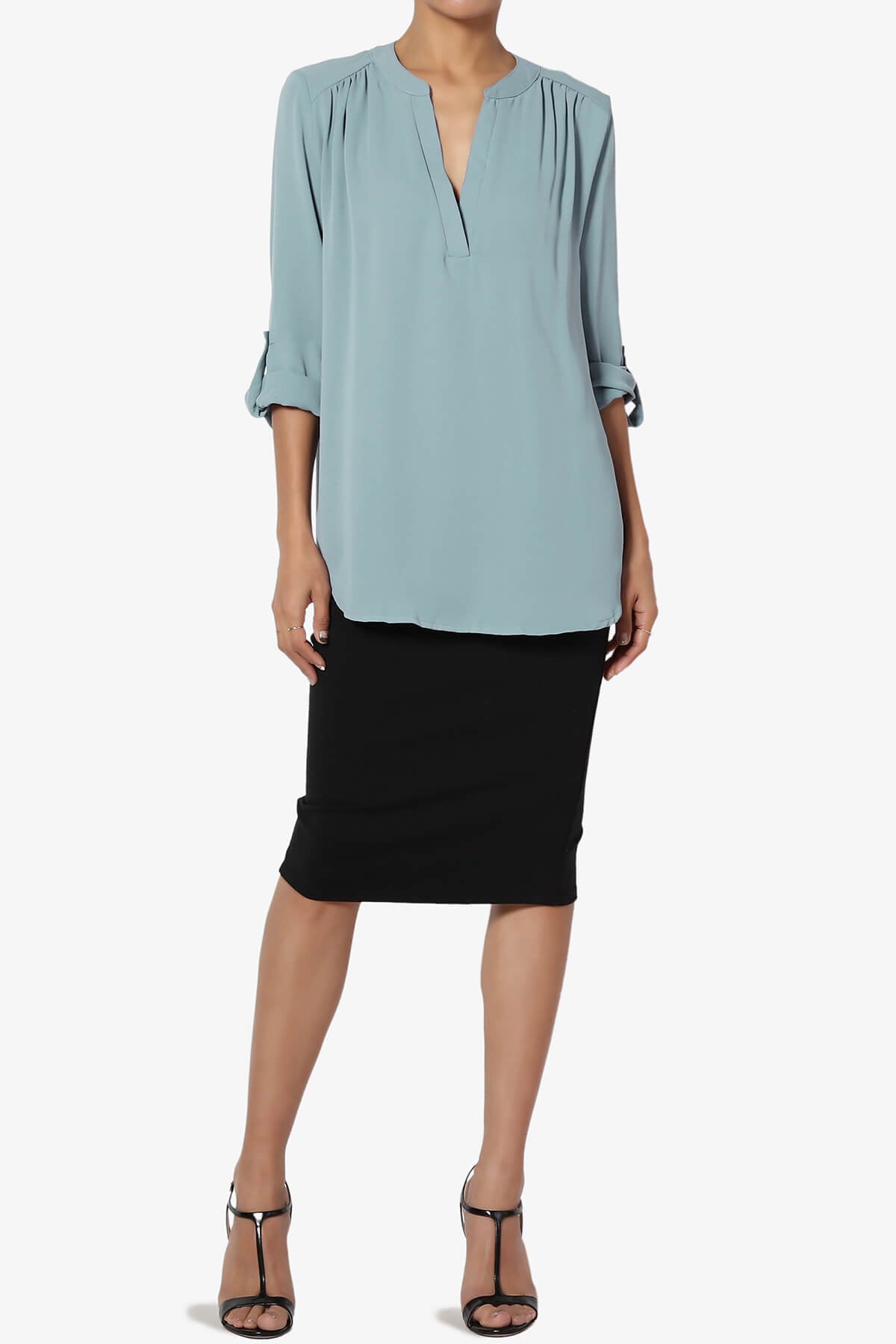 Load image into Gallery viewer, Alia Shirred Split Neck Blouse DUSTY BLUE_6
