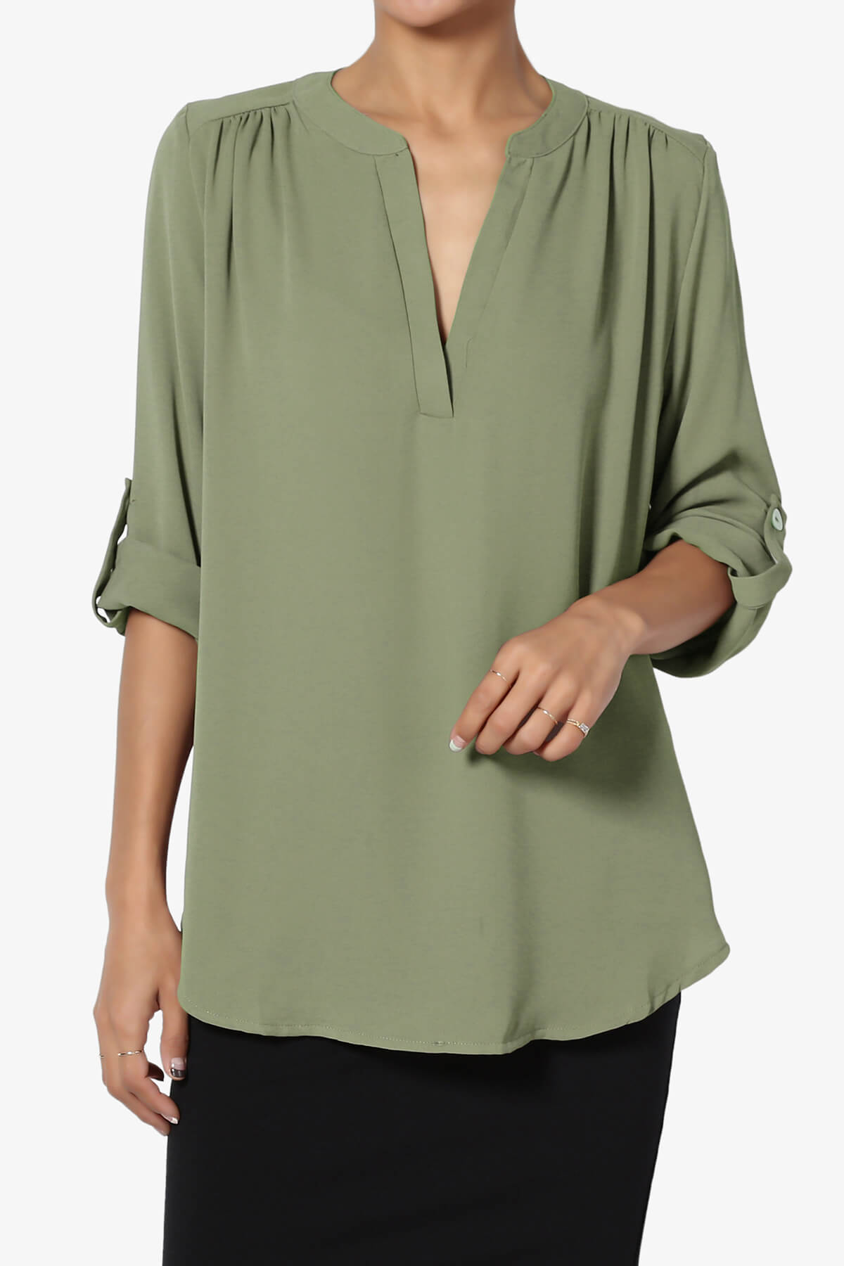 Load image into Gallery viewer, Alia Shirred Split Neck Blouse DUSTY OLIVE_1
