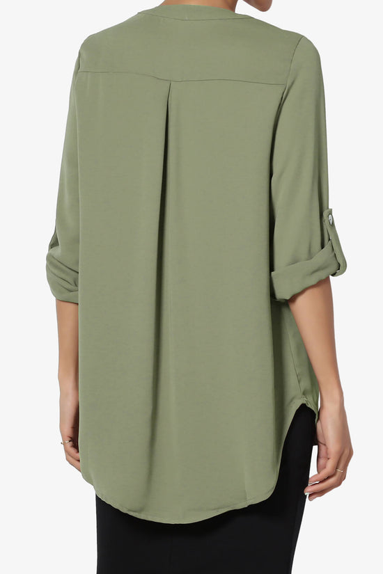 Alia Shirred Split Neck Blouse DUSTY OLIVE_2