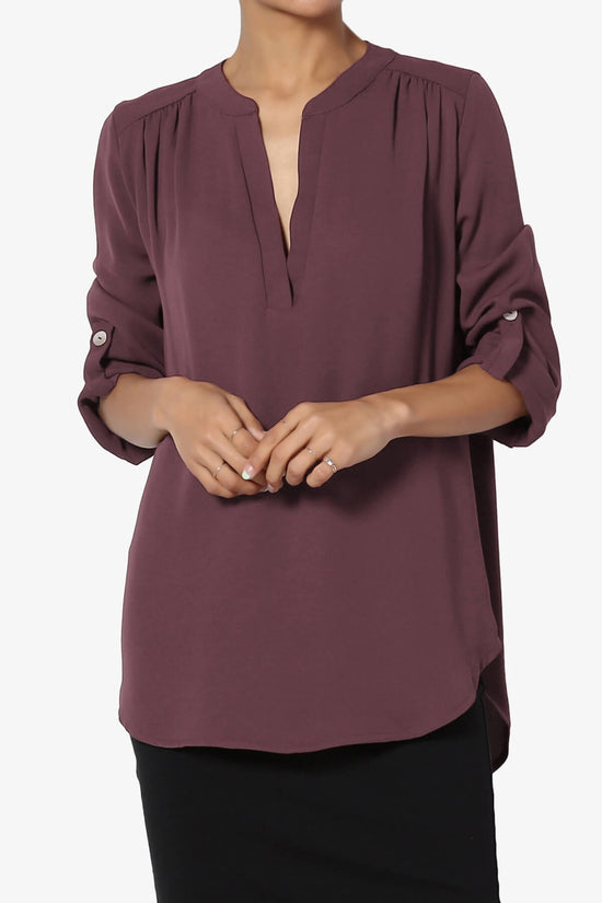 Load image into Gallery viewer, Alia Shirred Split Neck Blouse DUSTY PLUM_1
