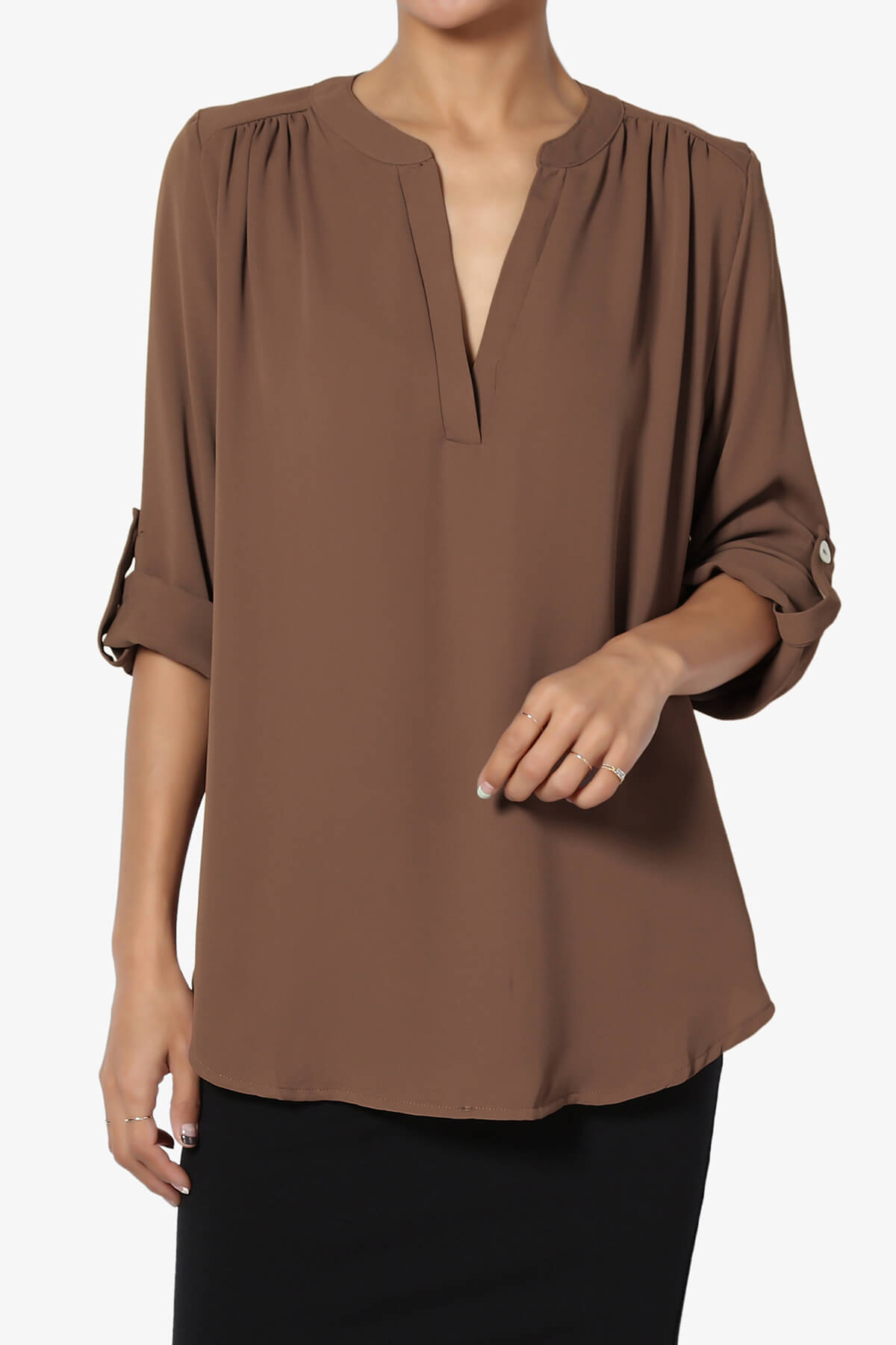 Load image into Gallery viewer, Alia Shirred Split Neck Blouse LIGHT BROWN_1
