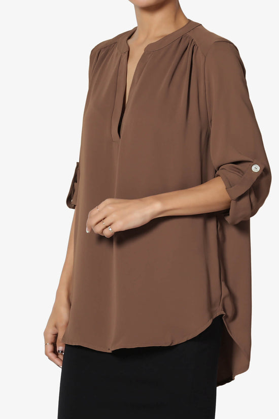 Load image into Gallery viewer, Alia Shirred Split Neck Blouse LIGHT BROWN_3
