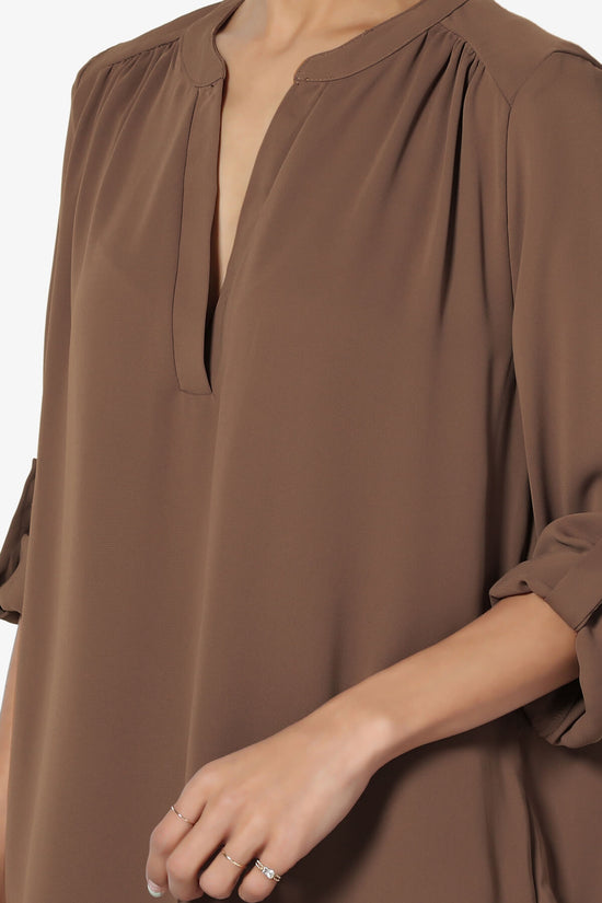 Load image into Gallery viewer, Alia Shirred Split Neck Blouse LIGHT BROWN_5

