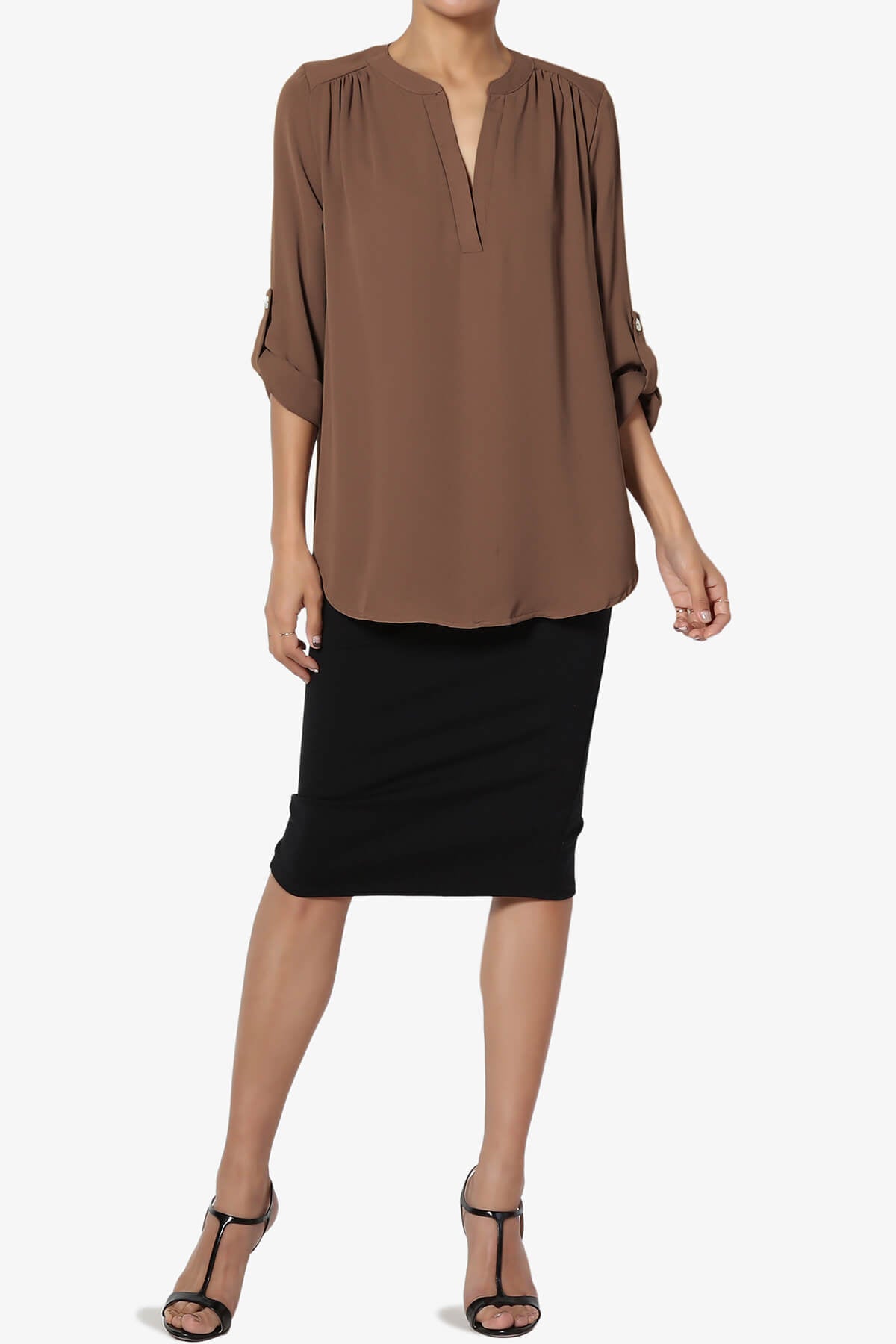 Load image into Gallery viewer, Alia Shirred Split Neck Blouse LIGHT BROWN_6
