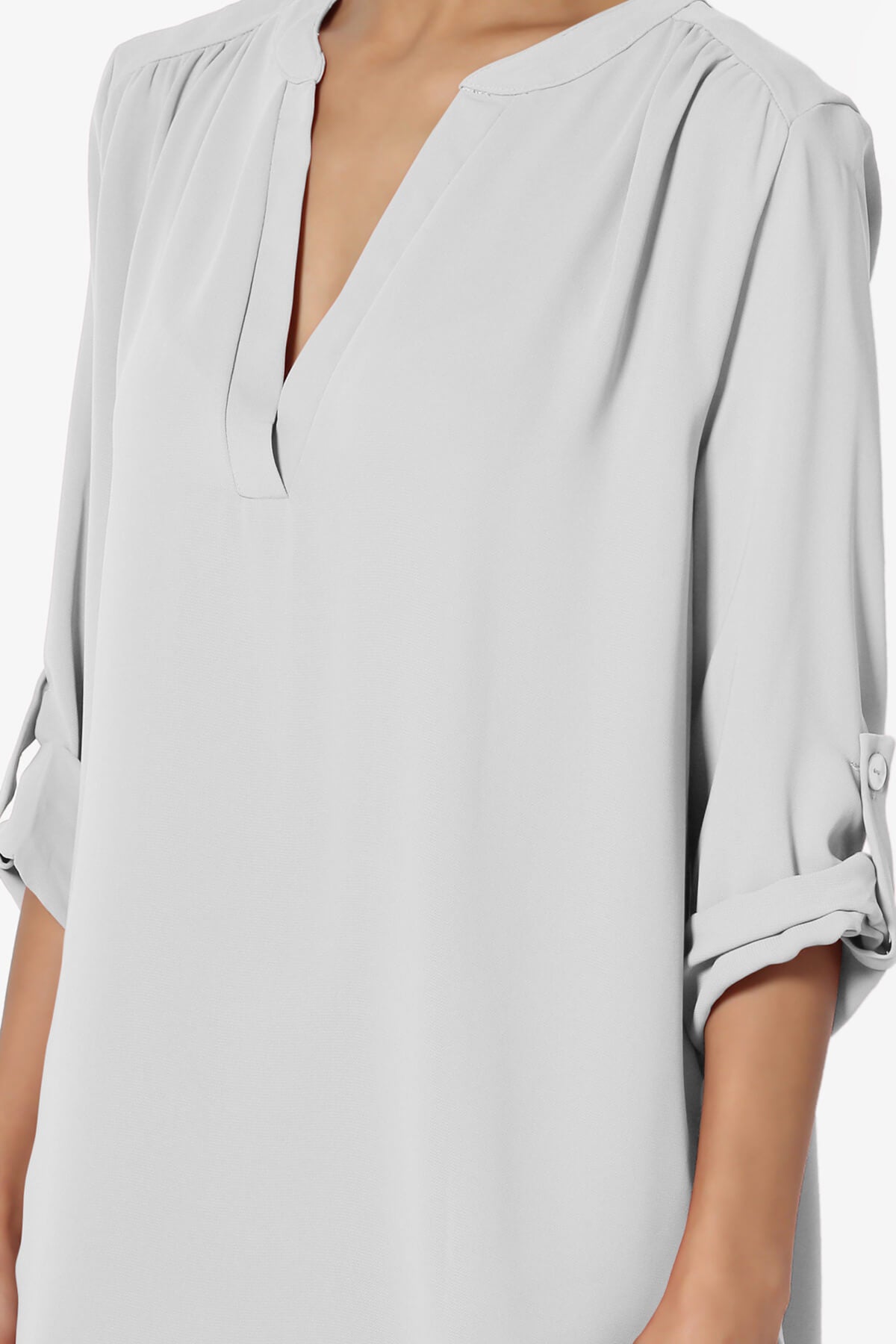 Load image into Gallery viewer, Alia Shirred Split Neck Blouse LIGHT GREY_5
