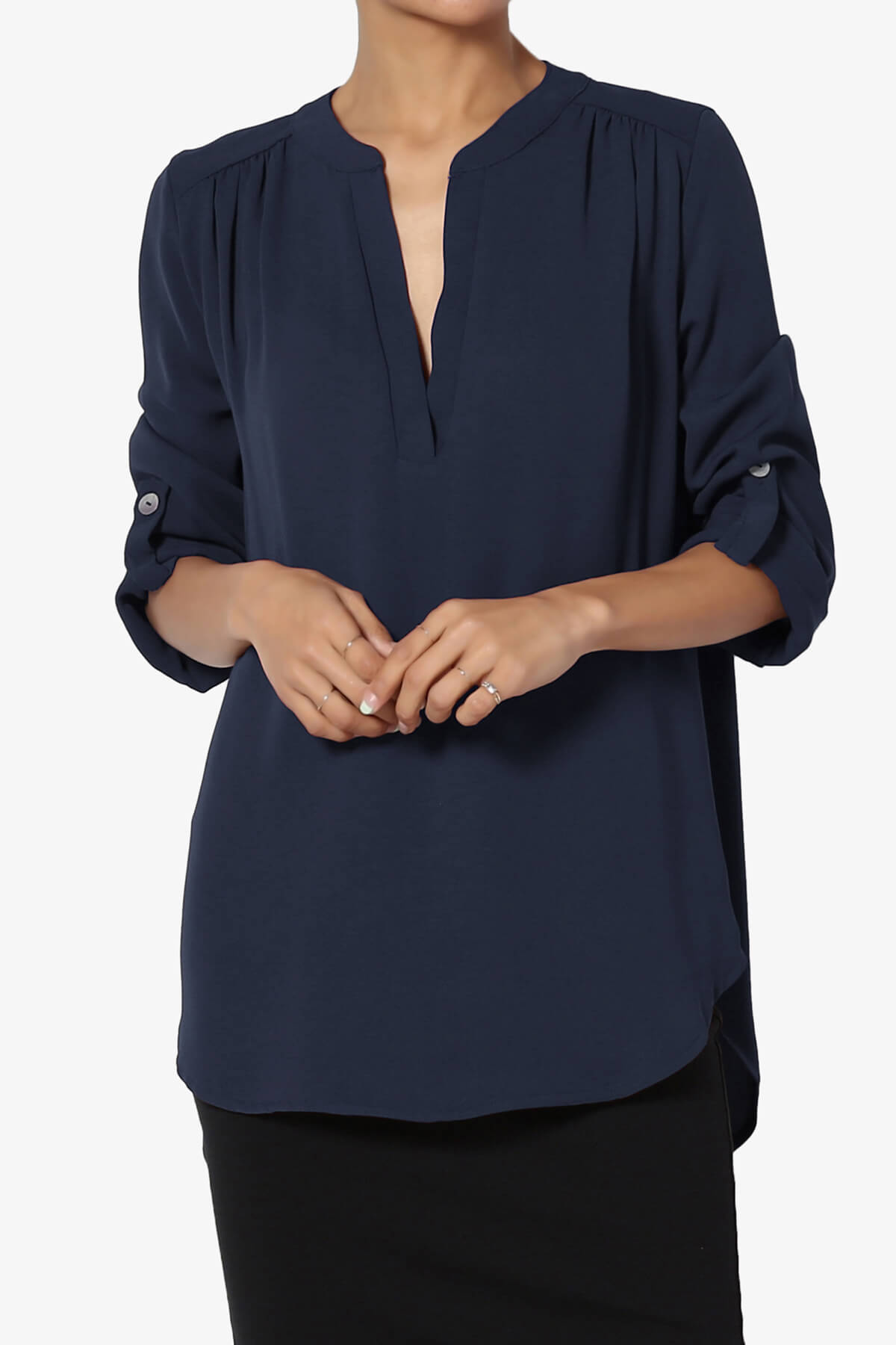 Load image into Gallery viewer, Alia Shirred Split Neck Blouse NAVY_1
