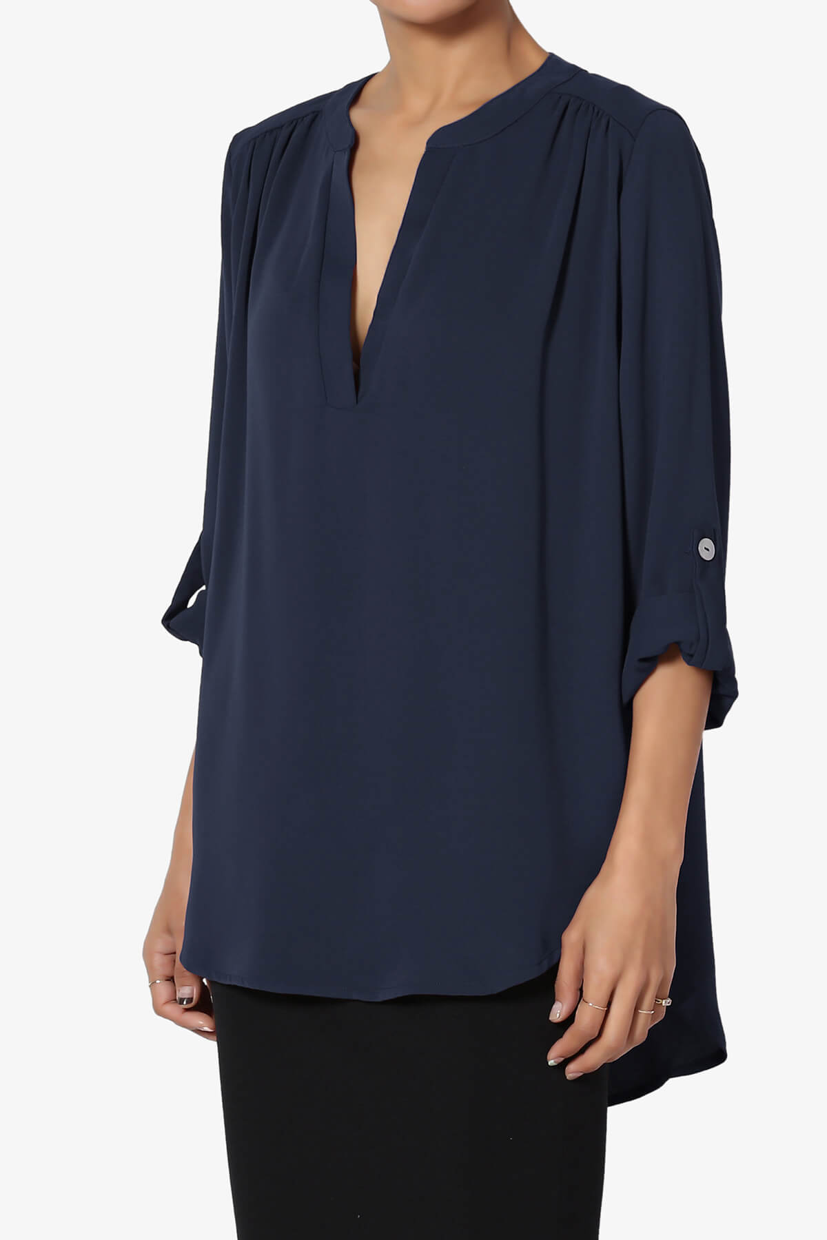Load image into Gallery viewer, Alia Shirred Split Neck Blouse NAVY_3
