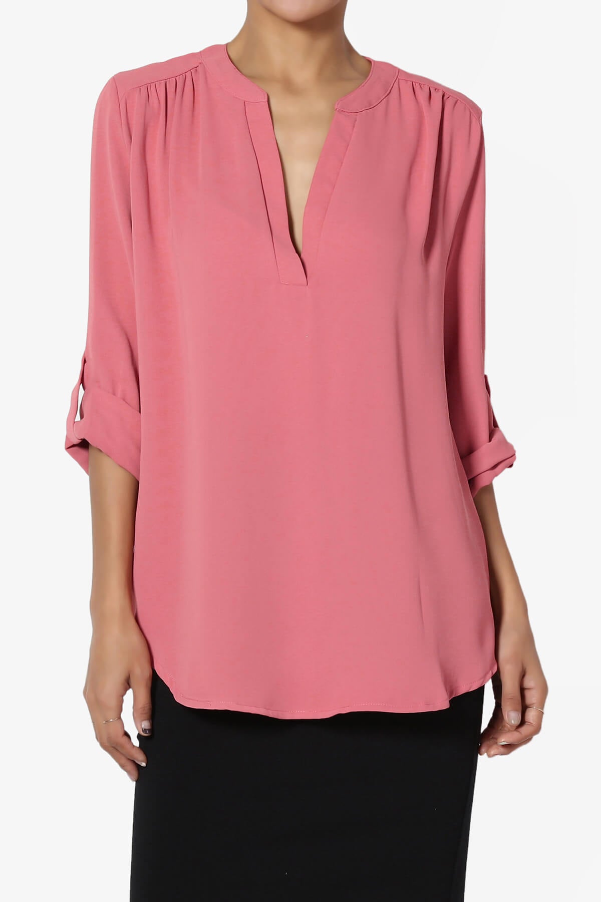 Load image into Gallery viewer, Alia Shirred Split Neck Blouse ROSE_1
