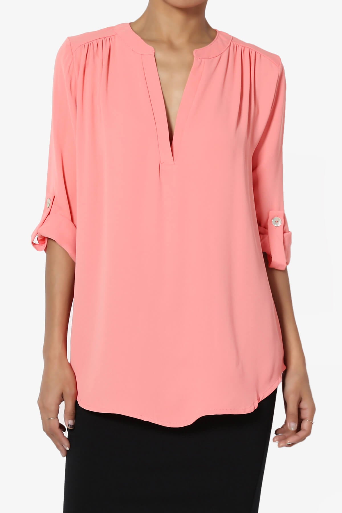 Load image into Gallery viewer, Alia Shirred Split Neck Blouse ROSE PINK_1
