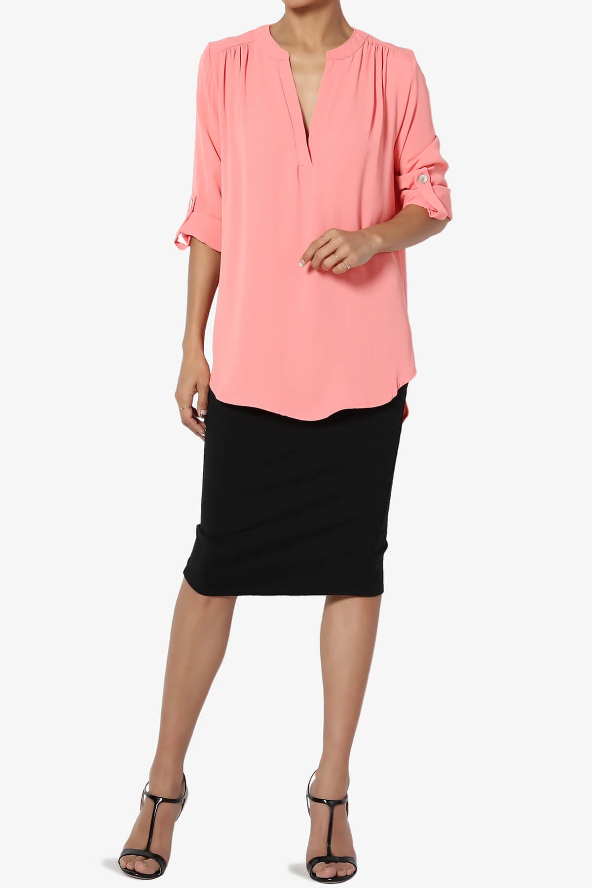 Load image into Gallery viewer, Alia Shirred Split Neck Blouse ROSE PINK_6
