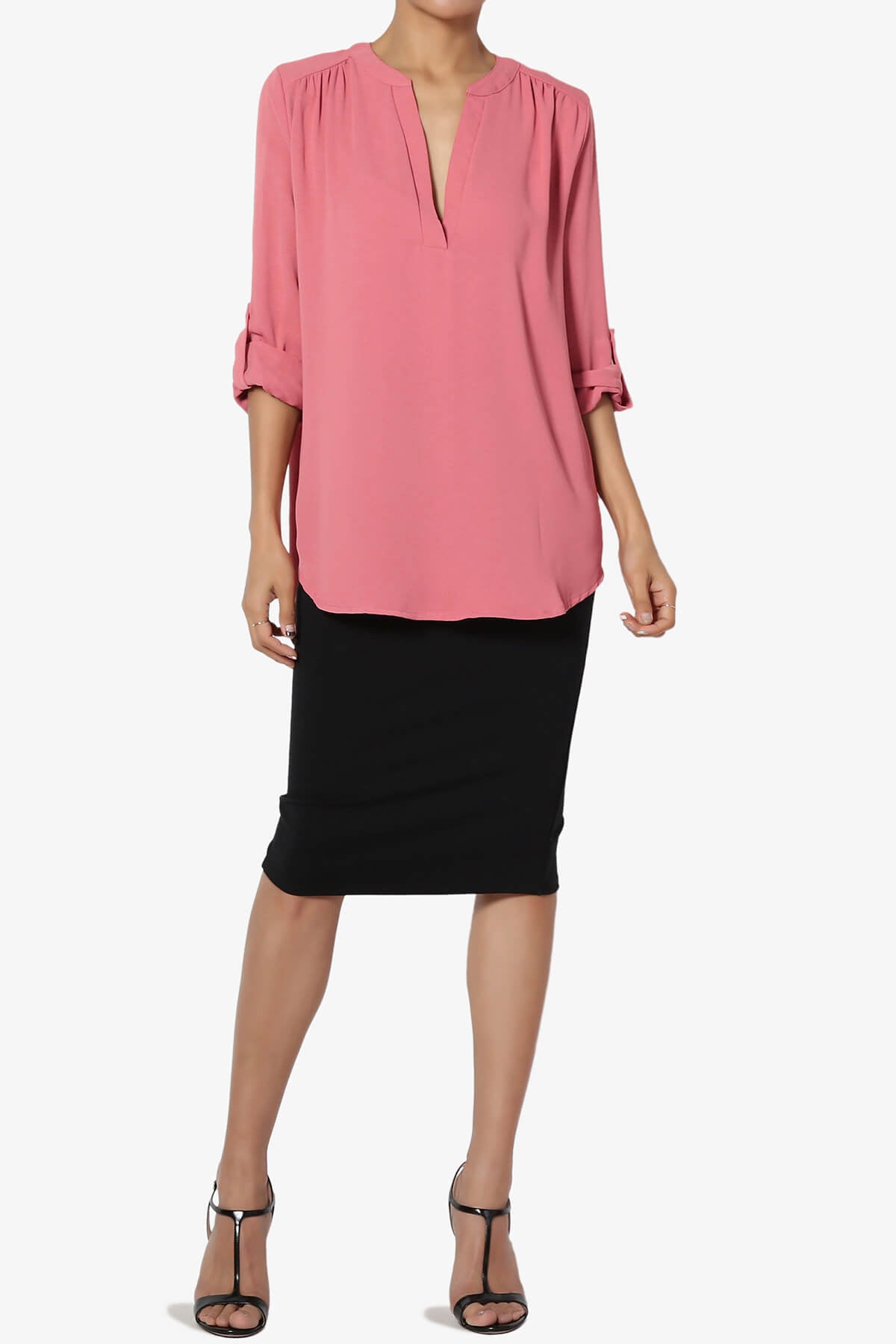 Load image into Gallery viewer, Alia Shirred Split Neck Blouse ROSE_6
