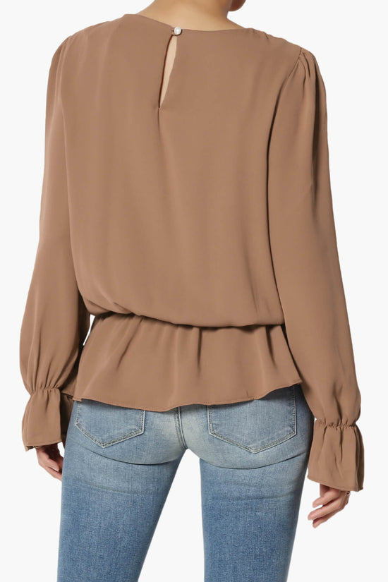 Load image into Gallery viewer, Adriel Puff Sleeve Ruffle Peplum Blouse COCOA_2
