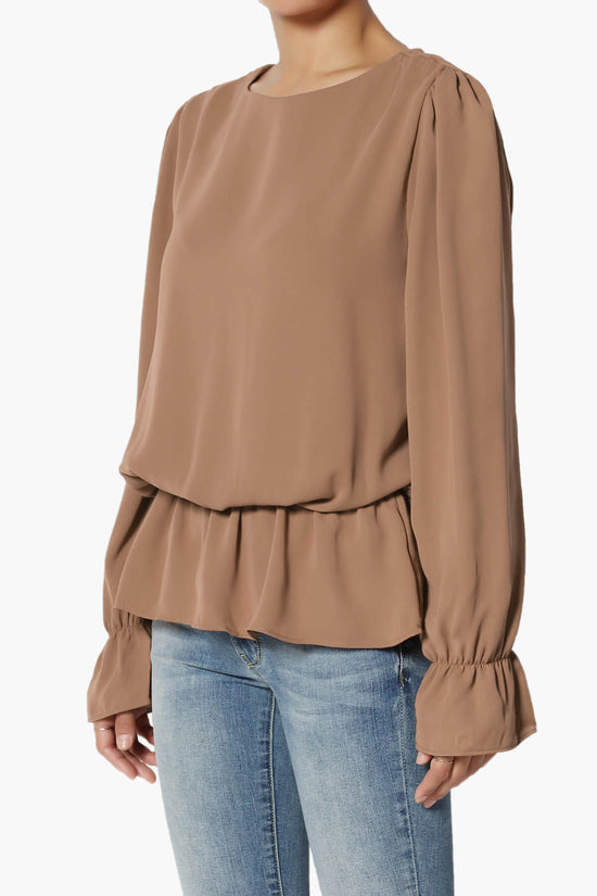 Load image into Gallery viewer, Adriel Puff Sleeve Ruffle Peplum Blouse COCOA_3
