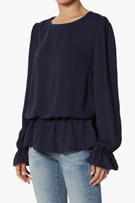 Load image into Gallery viewer, Adriel Puff Sleeve Ruffle Peplum Blouse NAVY_3
