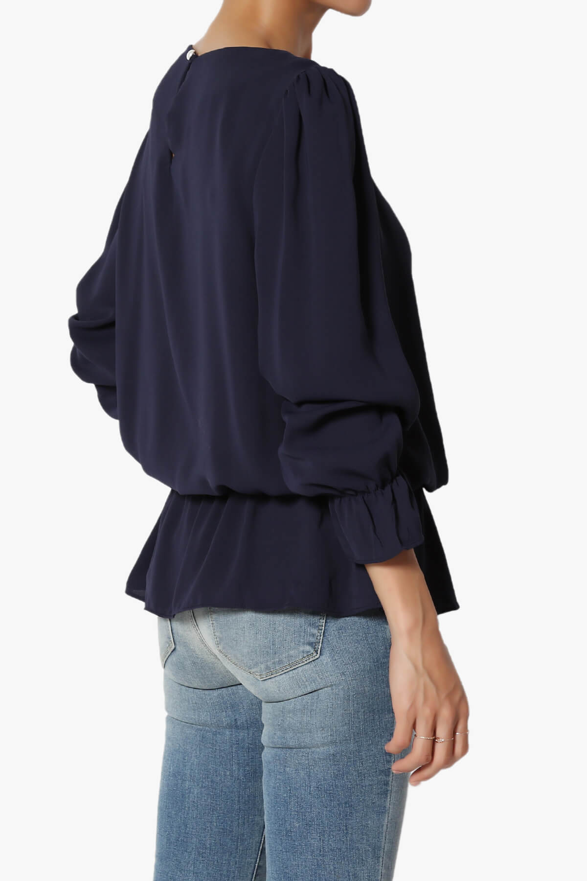 Load image into Gallery viewer, Adriel Puff Sleeve Ruffle Peplum Blouse NAVY_4
