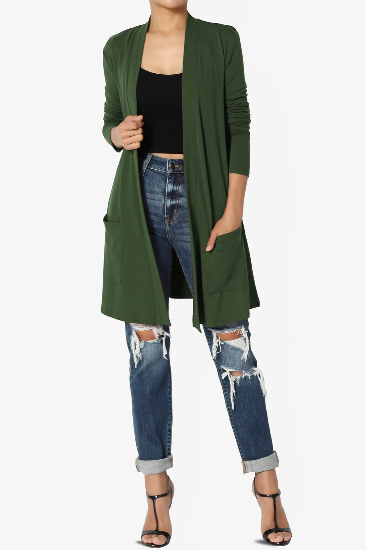 Daday Long Sleeve Pocket Open Front Cardigan ARMY GREEN_6