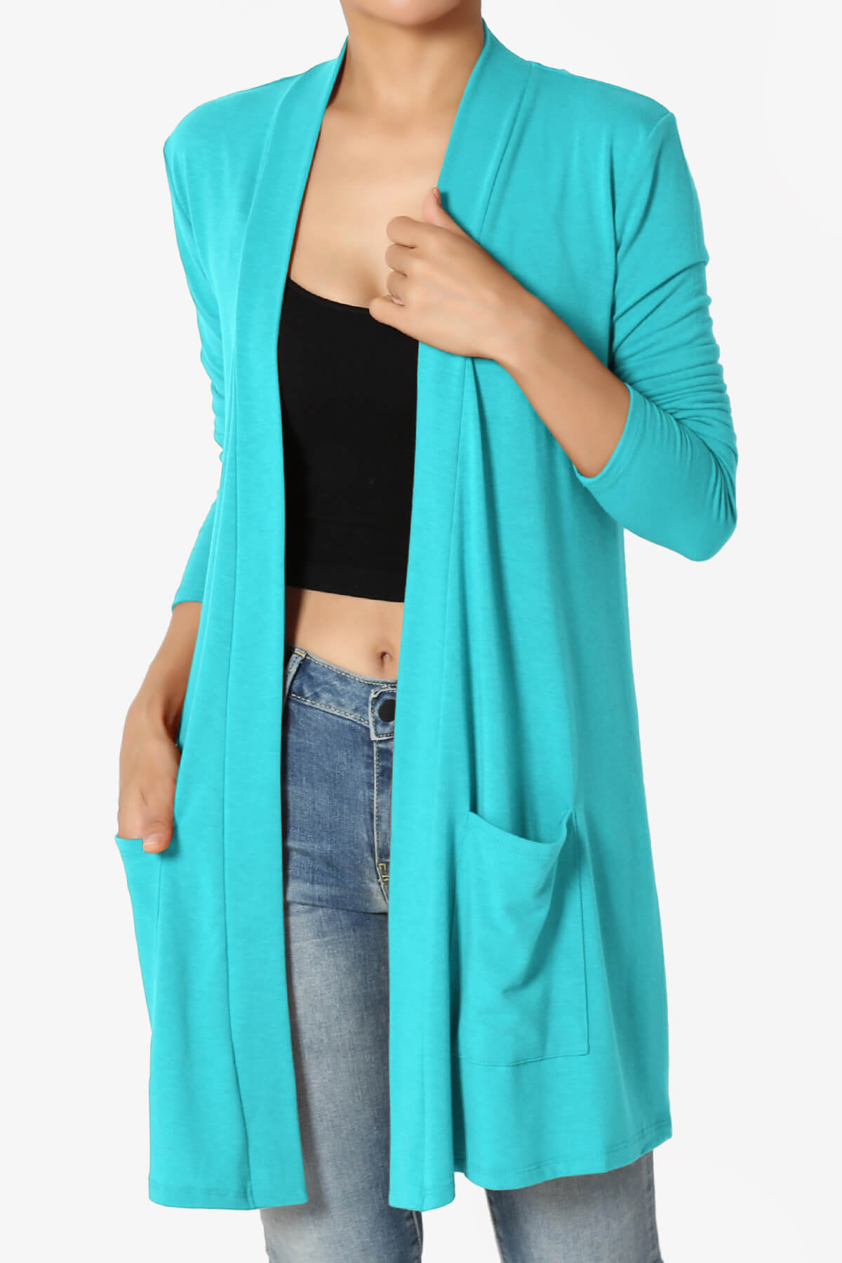 Daday Long Sleeve Pocket Open Front Cardigan ICE BLUE_1