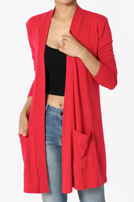 Daday Long Sleeve Pocket Open Front Cardigan RED_1