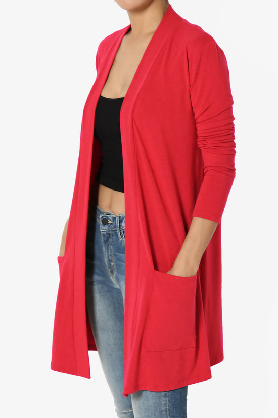 Daday Long Sleeve Pocket Open Front Cardigan RED_3