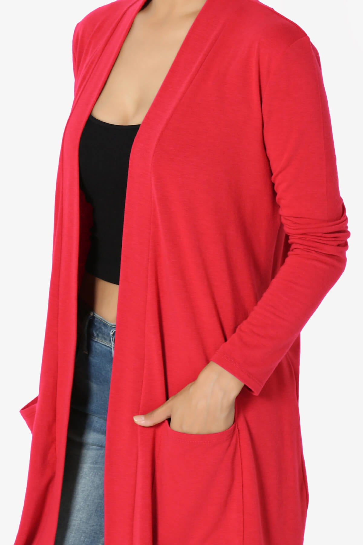 Daday Long Sleeve Pocket Open Front Cardigan RED_5