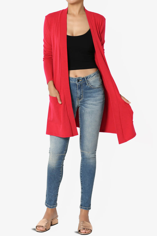 Daday Long Sleeve Pocket Open Front Cardigan RED_6