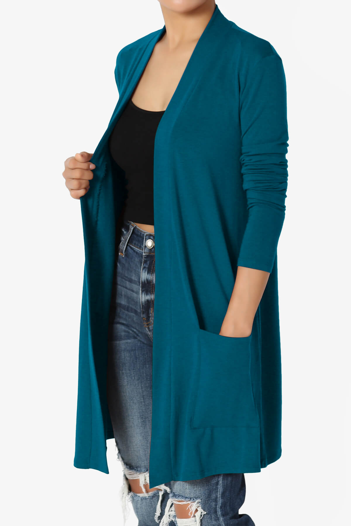 Daday Long Sleeve Pocket Open Front Cardigan TEAL_3