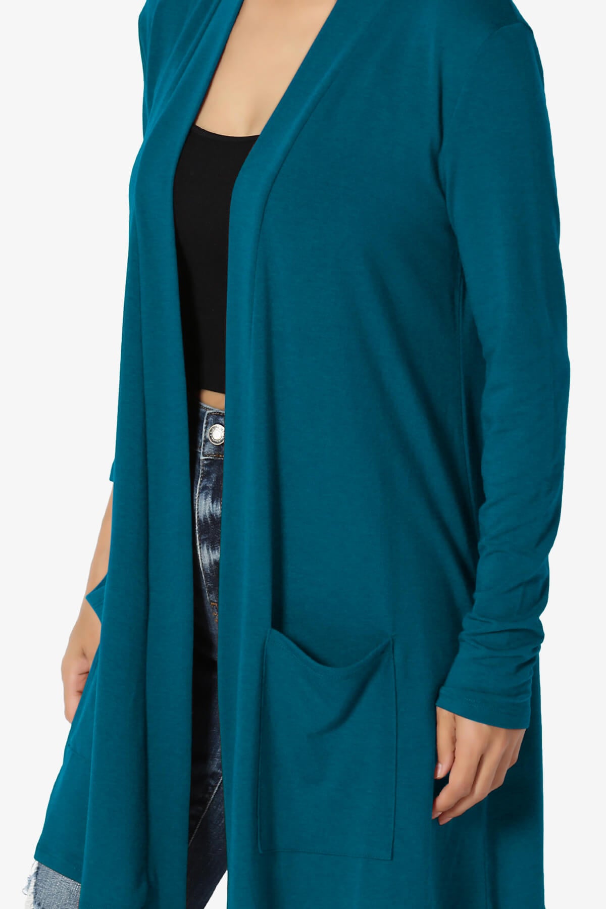 Daday Long Sleeve Pocket Open Front Cardigan TEAL_5