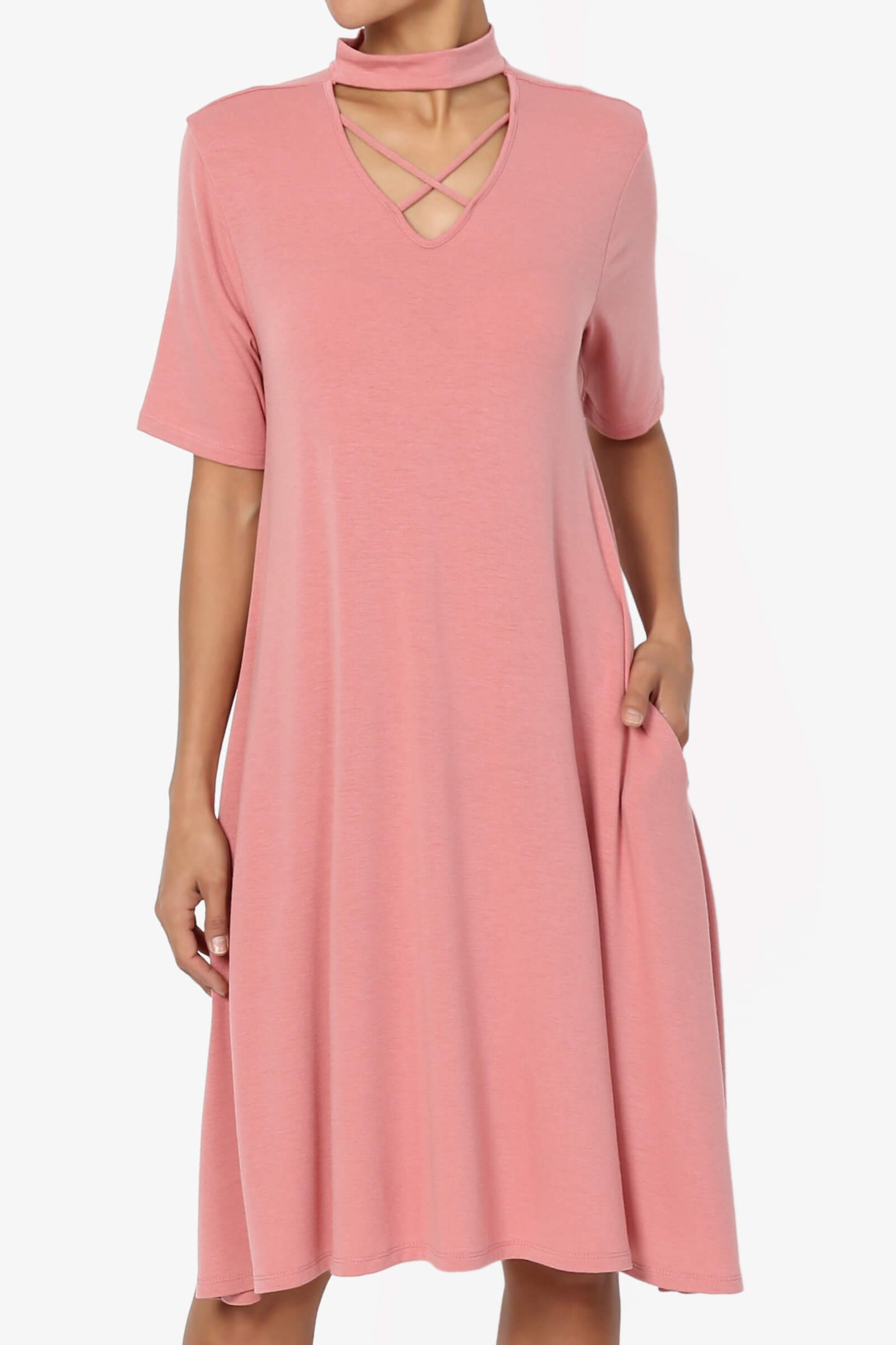 Load image into Gallery viewer, Faxon Chocker V Neck Jersey A-Line Midi Dress DUSTY ROSE_1
