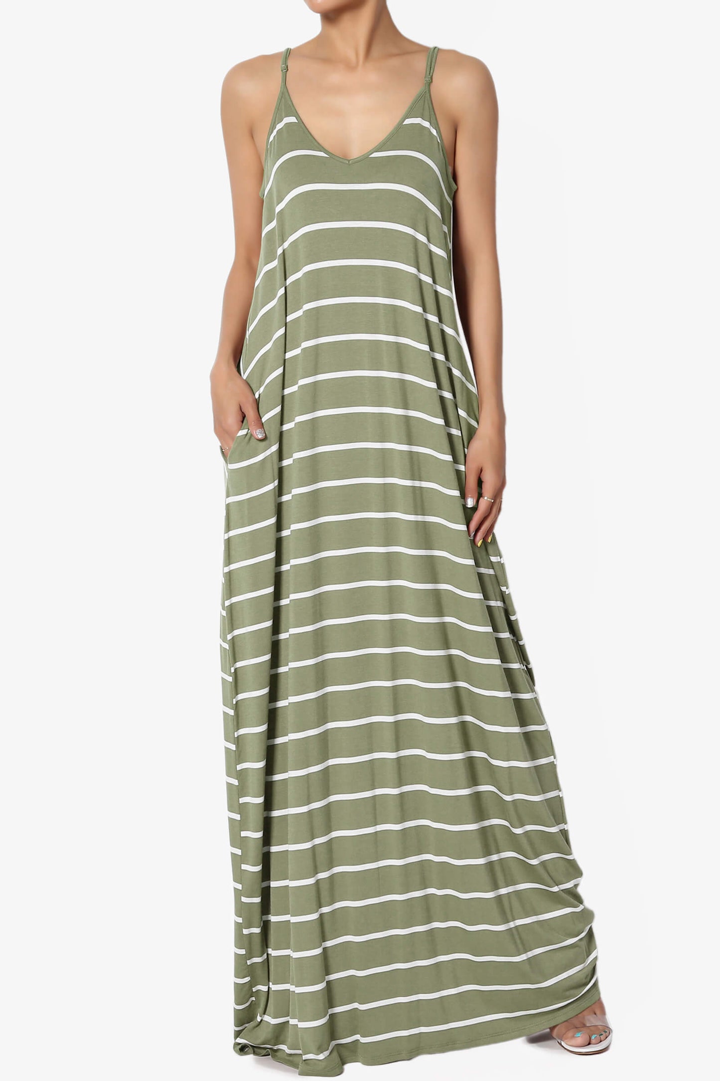 Load image into Gallery viewer, Adilette Striped Cami Maxi Dress DUSTY OLIVE_1
