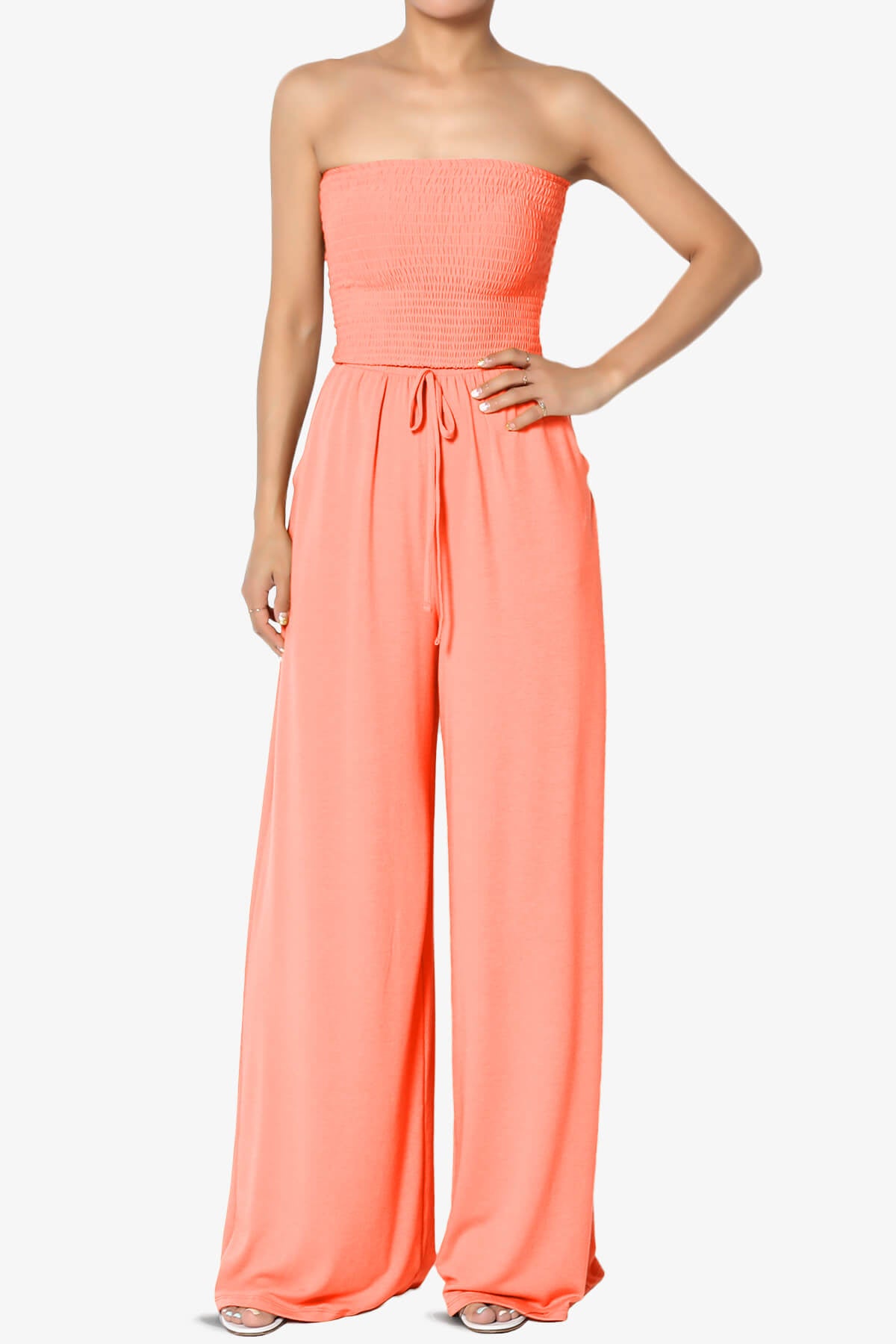 Jaklin Strapless Smocked Tube Top Jumpsuit NEON CORAL_1