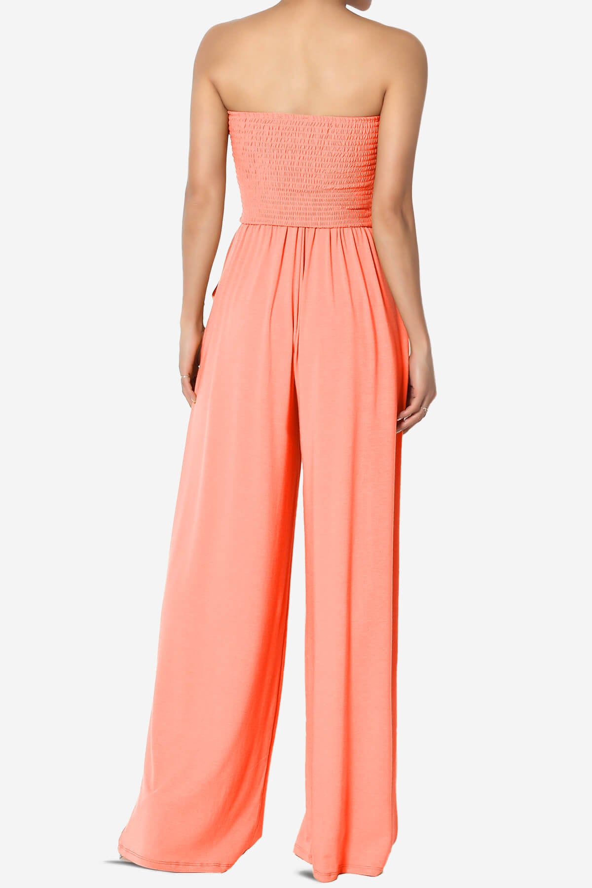 Jaklin Strapless Smocked Tube Top Jumpsuit NEON CORAL_2
