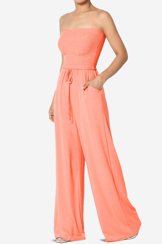 Jaklin Strapless Smocked Tube Top Jumpsuit NEON CORAL_3
