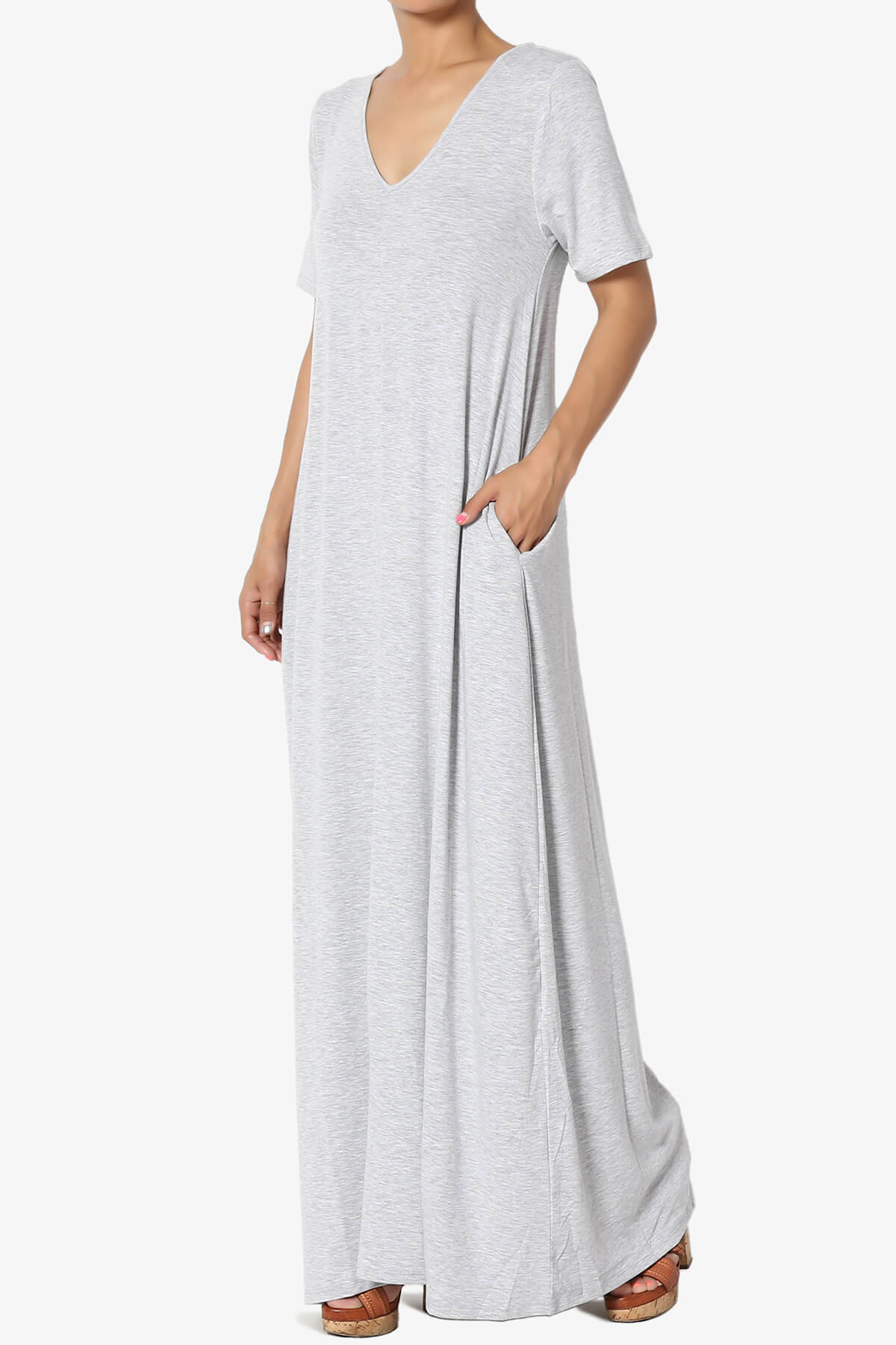 S~3X Casual V-Neck Short Sleeve Loose Fit Long Maxi Dress with Pockets ...