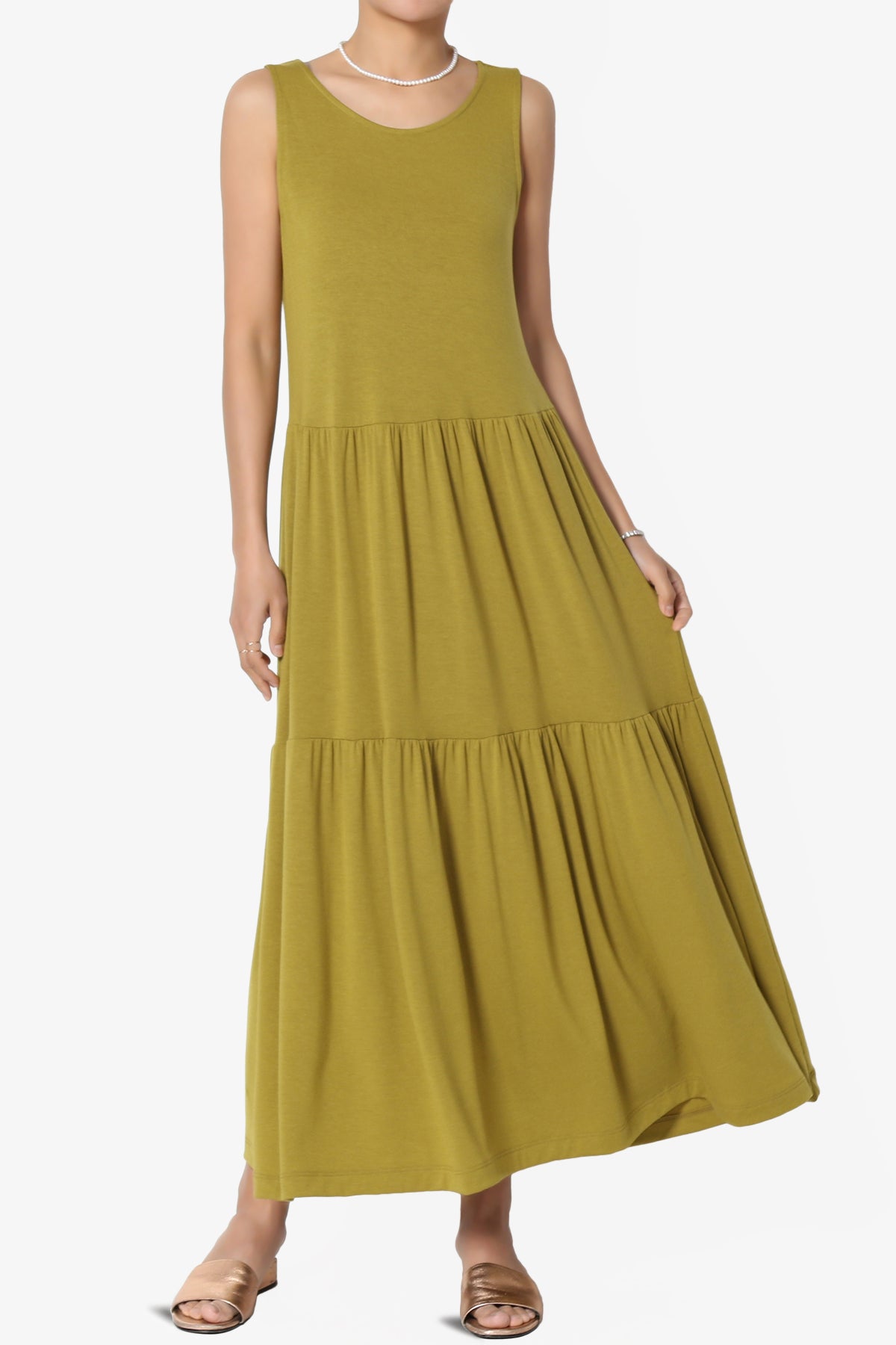 Macie Sleeveless Tiered Jersey Long Midi Dress OLIVE MUSTARD_1