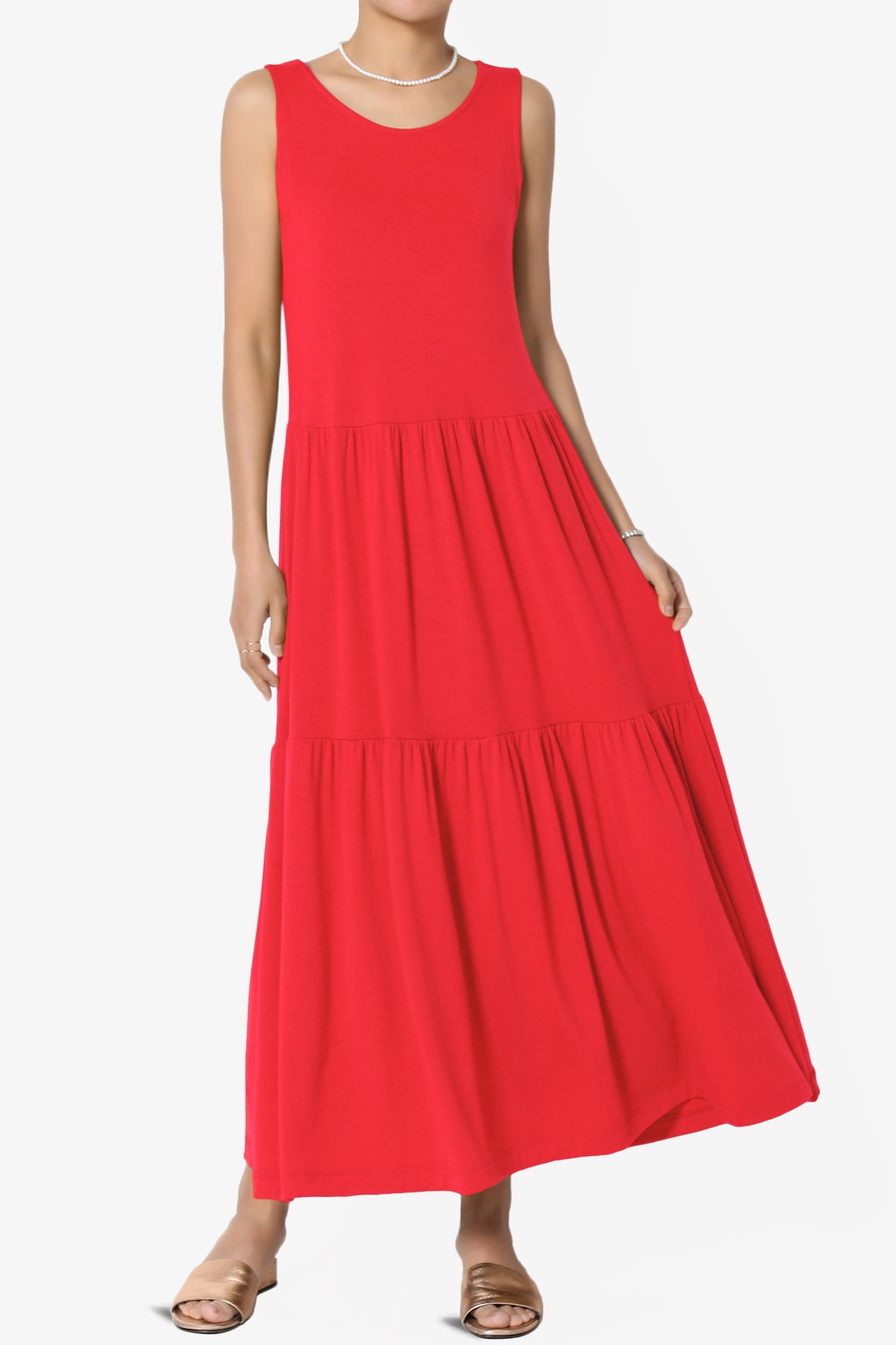 Macie Sleeveless Tiered Jersey Long Midi Dress RED_1