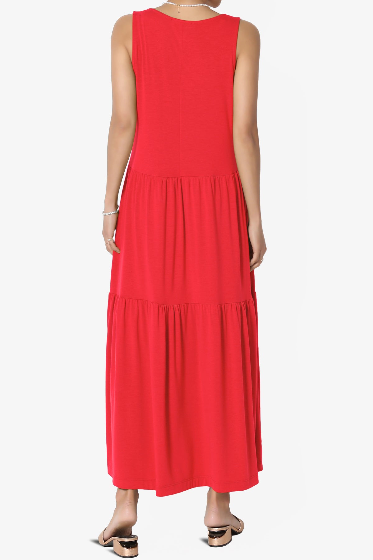 Macie Sleeveless Tiered Jersey Long Midi Dress RED_2