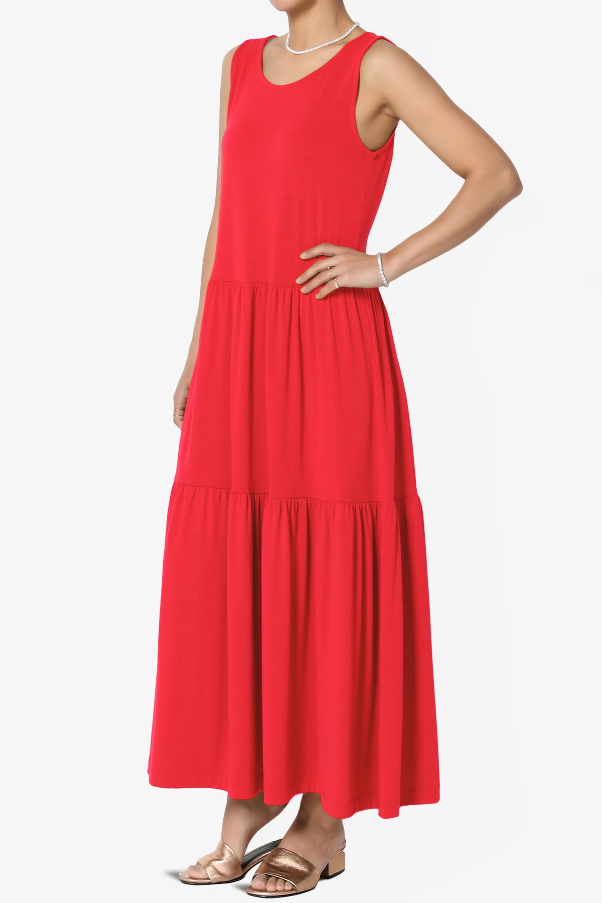 Macie Sleeveless Tiered Jersey Long Midi Dress RED_3